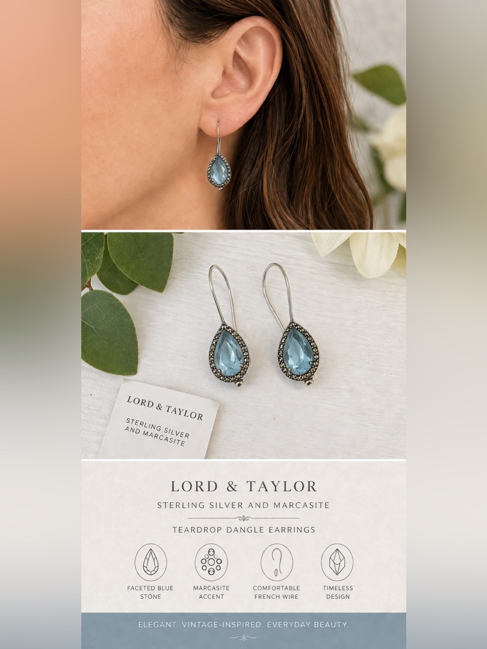 Lord & Taylor Sterling Silver Blue Teardrop pierced Earrings Marcasite Dangle - Picture 2 of 9